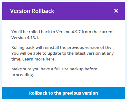 Popup mit weiteren Informationen zum Roll Back - Divi Änderungen rückgängig machen - Divi Update zurücksetzen